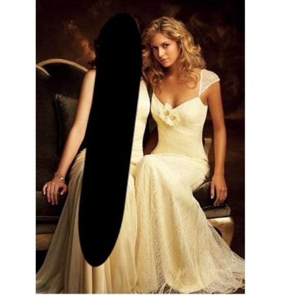 Badgley Mischka Bridesmaids Floor Length Pale Yellow Lace Overlay Mesh Back Gown - Picture 2 of 10